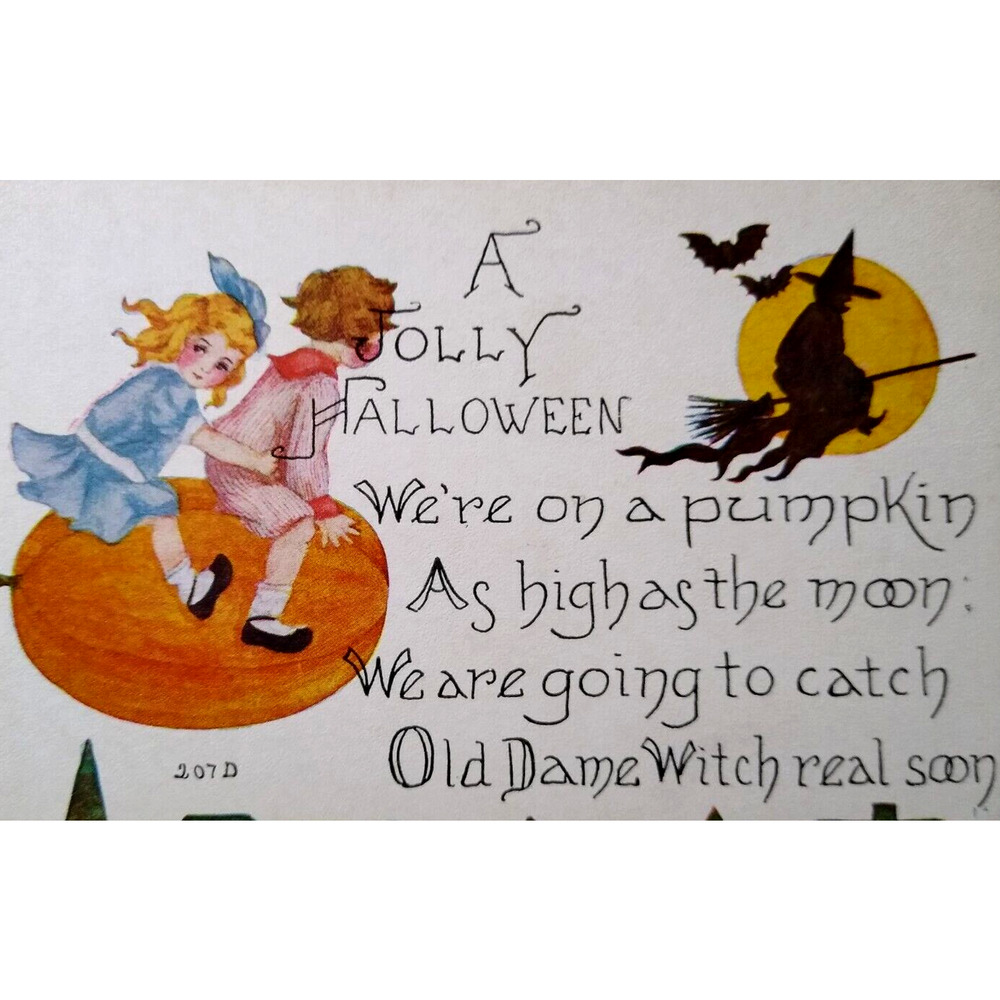 Halloween Postcard Children Flying On Pumpkin Air Craft Witch Moon 207 FA Owen